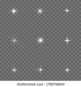 White glowing light explodes on a transparent background. Sparkling magical dust particles. Bright Star. Transparent shining sun, bright flash. Vector sparkles. To center a bright flash.