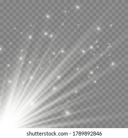 White glowing light explodes on a transparent background. Sparkling magical dust particles. Bright Star. Transparent shining sun, bright flash. To center a bright flash.