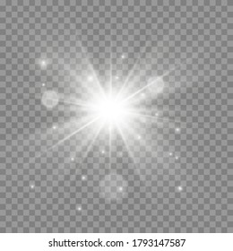 White glowing light explodes on a transparent background. Sparkling magical dust particles. Bright Star. Transparent shining sun, bright flash. To center a bright flash.