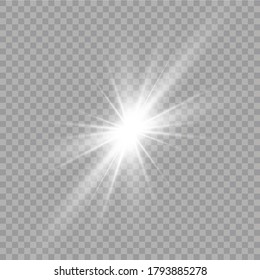 White glowing light explodes on a transparent background. with ray.  Transparent shining sun, bright flash.  Special lens flare light effect.