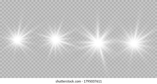 White glowing light explodes on a transparent background. Sparkling magical dust particles. Bright Star. Transparent shining sun, bright flash. Vector sparkles. To center a bright flash.