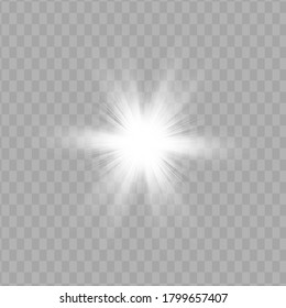 White glowing light explodes on a transparent background. Sparkling magical dust particles. Bright Star. Transparent shining sun, bright flash. Vector sparkles. To center a bright flash