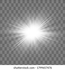 White glowing light explodes on a transparent background. Sparkling magical dust particles. Bright Star. Transparent shining sun, bright flash. Vector sparkles. To center a bright flash