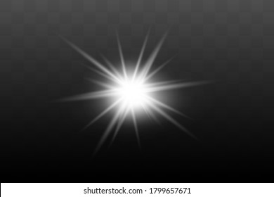 White glowing light explodes on a transparent background. Sparkling magical dust particles. Bright Star. Transparent shining sun, bright flash. Vector sparkles. To center a bright flash