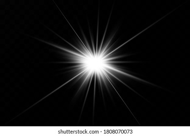 Weißes Licht explodiert auf transparentem Hintergrund. mit Rochen.  Transparente strahlende Sonne, heller Blitz.  Spezieller Lichteffekt der Linse.