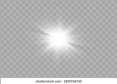 La luz blanca brillante explota sobre un fondo transparente. Parpadeando mágicas partículas de polvo. Estrella brillante. Sol brillante transparente, brillante. El vector brilla. Centrar un flash brillante