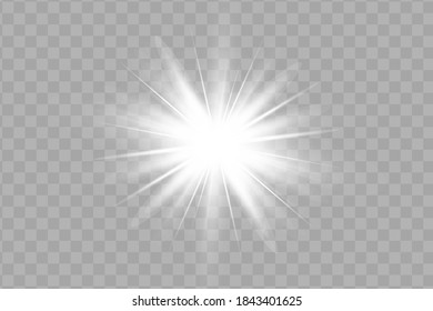 Weißes Licht explodiert auf transparentem Hintergrund. funkelnde magische Staubpartikel. Heller Stern. Transparente strahlende Sonne, heller Blitz. Vektorfunkeln. Um einen hellen Blitz zu zentrieren
