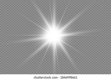 White glowing light explodes on a transparent background. Sparkling magical dust particles. Bright Star. Transparent shining sun, bright flash. Vector sparkles.