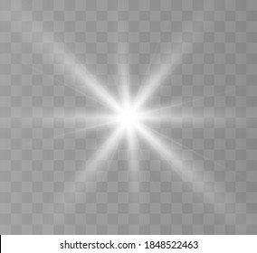 White glowing light explodes on a transparent background. Bright Star. Transparent shining sun, bright flash. Vector graphics.	