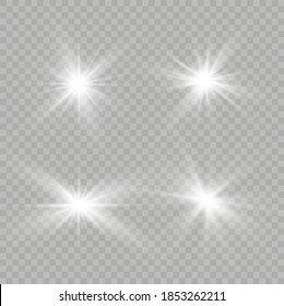 White glowing light explodes on a transparent background. Sparkling magical dust particles. Bright Star. Transparent shining sun, bright flash. Vector sparkles.