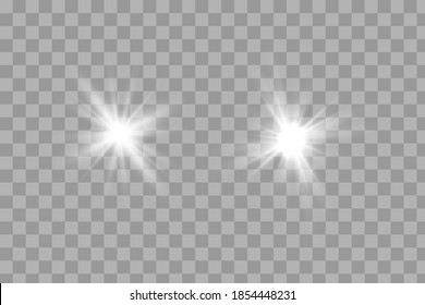 White glowing light explodes on a transparent background. Sparkling magical dust particles. Bright Star. Transparent shining sun, bright flash. Vector sparkles. To center a bright flash