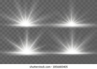 White glowing light explodes on a transparent background. Sparkling magical dust particles. Bright Star. Transparent shining sun, bright flash. Vector sparkles.