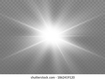 White glowing light explodes on a transparent background. Sparkling magical dust particles. Bright Star. Transparent shining sun, bright flash. Vector sparkles. To center a bright flash.