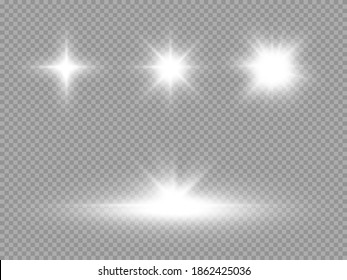 La luz blanca brillante explota sobre un fondo transparente. Parpadeando mágicas partículas de polvo. Estrella brillante. Sol brillante transparente, brillante. El vector brilla. Centrar un flash brillante.