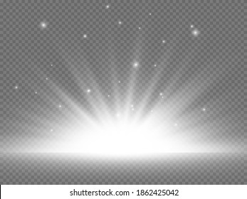 White glowing light explodes on a transparent background. Sparkling magical dust particles. Bright Star. Transparent shining sun, bright flash. Vector sparkles. To center a bright flash.