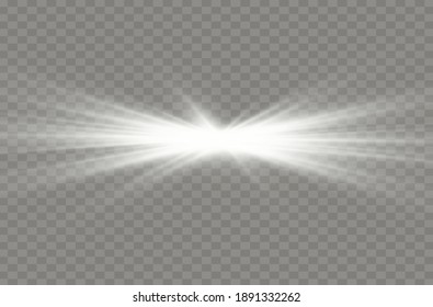 Weißes Licht explodiert auf transparentem Hintergrund. funkelnde magische Staubpartikel. Heller Stern. Transparente strahlende Sonne, heller Blitz. Vektorfunkeln. Um einen hellen Blitz zu zentrieren.