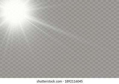 White glowing light explodes on a transparent background. Sparkling magical dust particles. Bright Star. Transparent shining sun, bright flash. Vector sparkles.