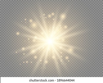 White glowing light explodes on a transparent background. Sparkling magical dust particles. Bright Star. Transparent shining sun, bright flash. Vector sparkles.