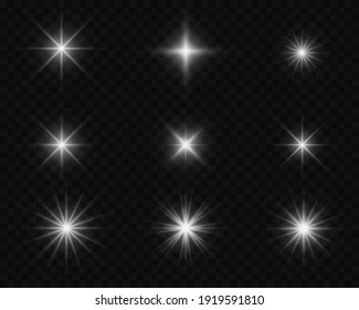 White glowing light explodes on a transparent background. Sparkling magical dust particles. Bright Star. Transparent shining sun, bright flash. Vector sparkles. To center a bright flash.