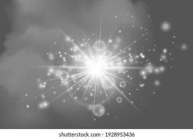 White glowing light explodes on a transparent background. Sparkling magical dust particles. Bright Star. Transparent shining sun, bright flash. Vector sparkles. To center a bright flash.