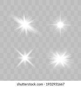 White glowing light explodes on a transparent background. Sparkling magical dust particles. Bright Star. Transparent shining sun, bright flash. Vector sparkles. To center a bright flash