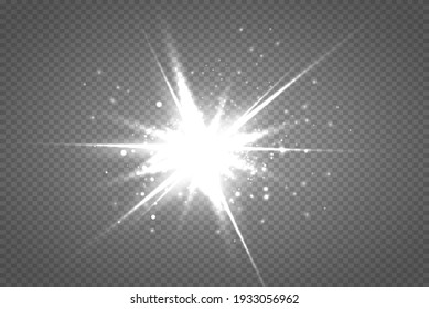 La luz blanca brillante explota sobre un fondo transparente. Parpadeando mágicas partículas de polvo. Estrella brillante. Sol brillante transparente, brillante. El vector brilla. Centrar un flash brillante.