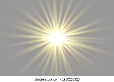 White glowing light explodes on a transparent background. Sparkling magical dust particles. Bright Star. Transparent shining sun, bright flash. Vector sparkles. To center a bright flash.