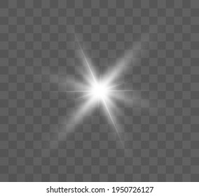 White glowing light explodes on a transparent background. Bright Star. Transparent shining sun, bright flash. Vector graphics.	