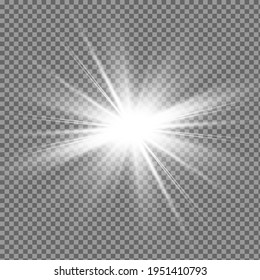 White glowing light explodes on a transparent background. Sparkling magical dust particles. Bright Star. Transparent shining sun, bright flash. Vector sparkles. To center a bright flash