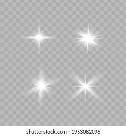 White glowing light explodes on a transparent background. Sparkling magical dust particles. Bright Star. Transparent shining sun, bright flash. Vector sparkles. To center a bright flash