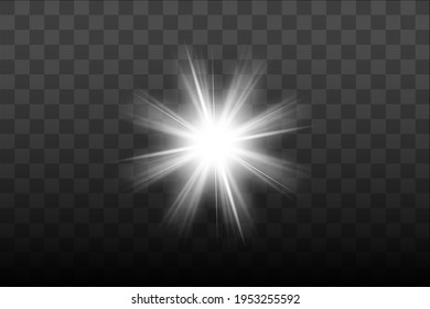 White glowing light explodes on a transparent background. Sparkling magical dust particles. Bright Star. Transparent shining sun, bright flash. Vector sparkles. To center a bright flash