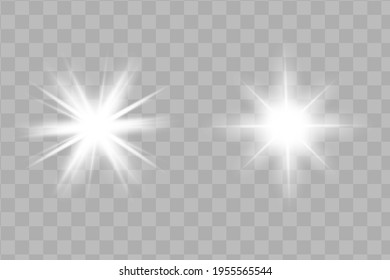 White glowing light explodes on a transparent background. Sparkling magical dust particles. Bright Star. Transparent shining sun, bright flash. Vector sparkles. To center a bright flash