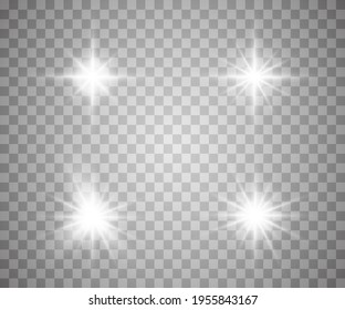 White glowing light explodes on a transparent background. Sparkling magical dust particles. Bright Star. Transparent shining sun, bright flash. Vector sparkles.
