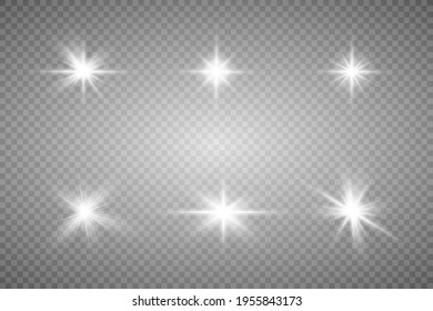 White glowing light explodes on a transparent background. Sparkling magical dust particles. Bright Star. Transparent shining sun, bright flash. Vector sparkles.