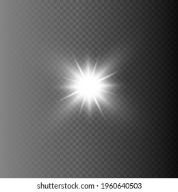 White glowing light explodes on a transparent background. Sparkling magical dust particles. Bright Star. Transparent shining sun, bright flash. Vector sparkles. To center a bright flash