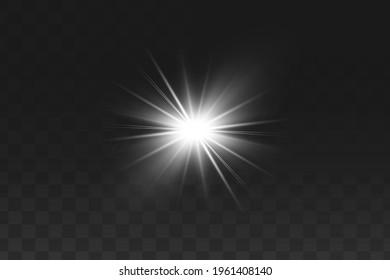 La luz blanca brillante explota sobre un fondo transparente. Parpadeando mágicas partículas de polvo. Estrella brillante. Sol brillante transparente, brillante. El vector brilla. Centrar un flash brillante