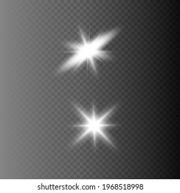 White glowing light explodes on a transparent background. Sparkling magical dust particles. Bright Star. Transparent shining sun, bright flash. Vector sparkles. To center a bright flash