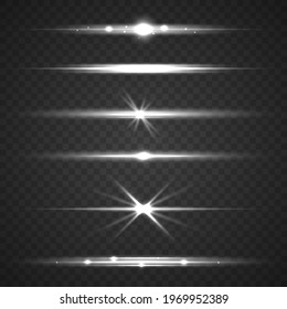 White glowing light explodes on a transparent background. Laser beams, horizontal light rays. Sun rays. Luminous abstract sparkling lines. Lens flares pack. Vector illustration, eps 10.