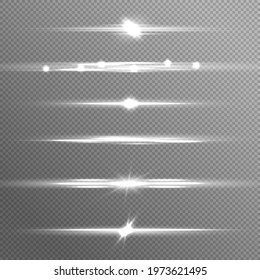 White glowing light explodes on a transparent background. Laser beams, horizontal light rays. Sun rays. Luminous abstract sparkling lines. Lens flares pack. Vector illustration, eps 10.