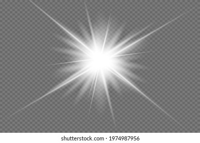 White glowing light explodes on a transparent background. Sparkling magical dust particles. Bright Star. Transparent shining sun, bright flash. Vector sparkles. To center a bright flash.