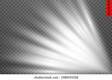 Weißes Licht explodiert auf transparentem Hintergrund. funkelnde magische Staubpartikel. Heller Stern. Transparente strahlende Sonne, heller Blitz. Vektorfunkeln. Um einen hellen Blitz zu zentrieren.