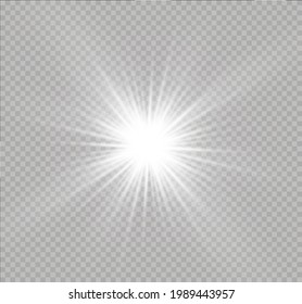 La luz blanca brillante explota sobre un fondo transparente. Parpadeando mágicas partículas de polvo. Estrella brillante. Sol brillante transparente, brillante. El vector brilla.