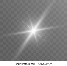 White glowing light explodes on a transparent background. Bright Star. Transparent shining sun, bright flash. Vector graphics.	