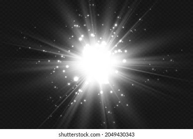 White glowing light explodes on a transparent background. Sparkling magical dust particles. Bright Star. Transparent shining sun, bright flash. Vector sparkles.