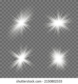 White glowing light explodes on a transparent background. Sparkling magical dust particles. Bright Star. Transparent shining sun, bright flash. Vector sparkles