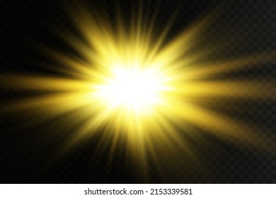 White glowing light explodes on a transparent background. Glittering magical dust particles. Bright Star. Transparent shining sun, bright flash. Vector sequins. To center a bright flash.
