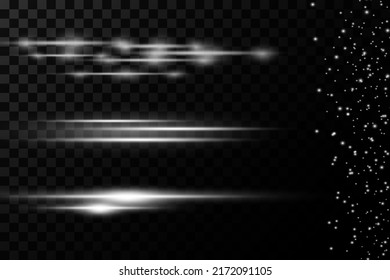 White glowing light explodes on a transparent background.Laser beams, horizontal light rays.Transparent Lens Flare.Vector illustration EPS10