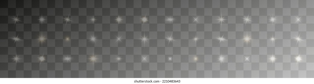 White glowing light explodes on a transparent background. Glittering magical dust particles. Bright Star. Transparent shining sun, bright flash. Vector sequins. To center a bright flash.	
