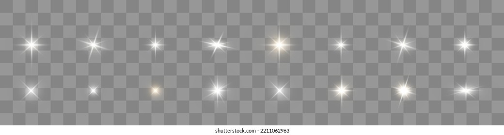 White glowing light explodes on a transparent background. Glittering magical dust particles. Bright Star. Transparent shining sun, bright flash. Vector sequins. To center a bright flash.	