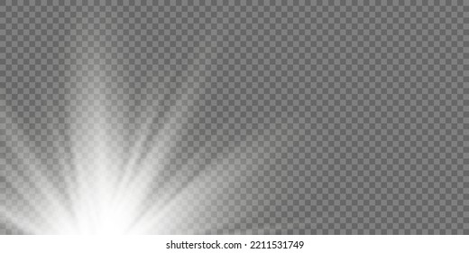 La luz blanca brillante explota sobre un fondo transparente. con rayo. Sol brillante transparente, flash brillante	